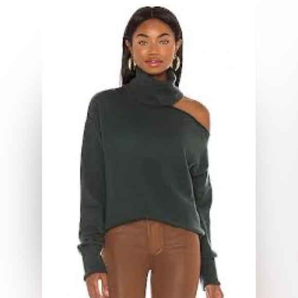 PAIGE Raudi Cold Shoulder Wool Blend Turtleneck Sweater in Dark Spruce Size M - Picture 2 of 10